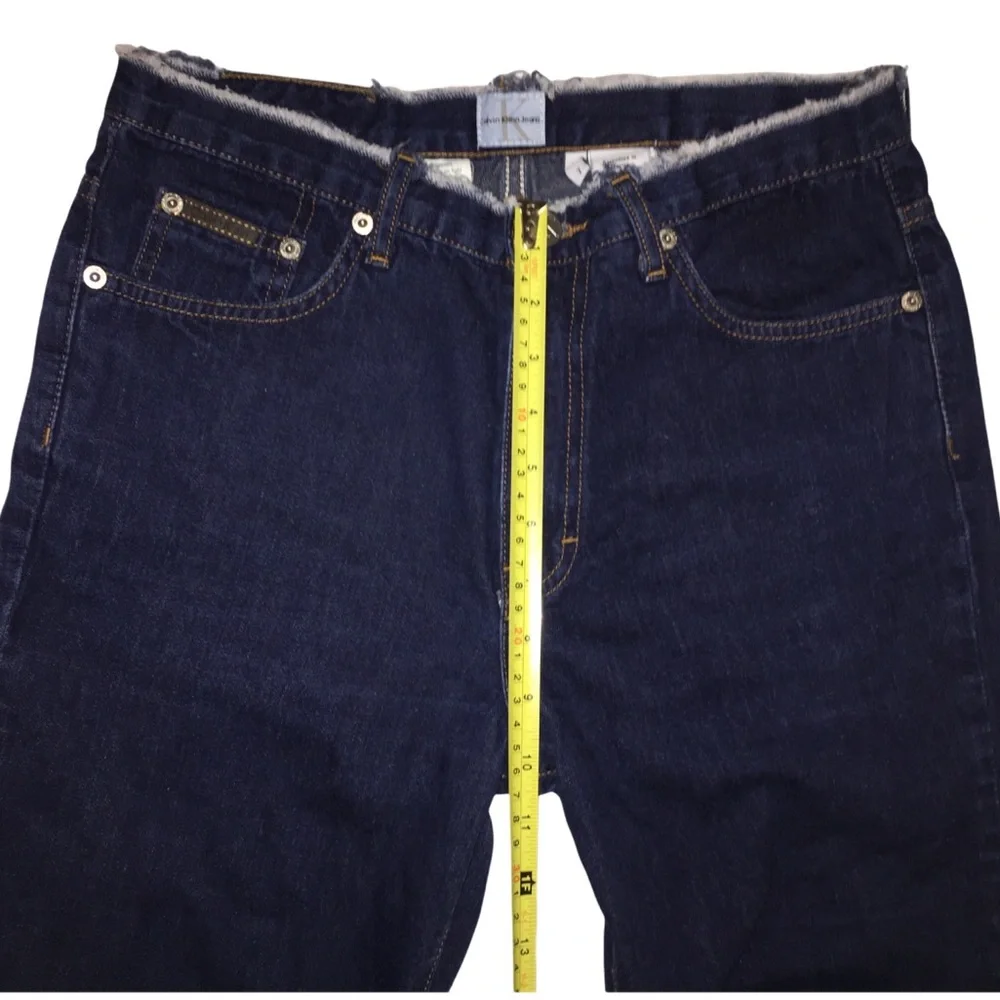Highrise Flare Jeans, Distressed Denim, Frayed Waist/Hem, Dark Calvin Klein Sz 7 - Picture 13 of 13